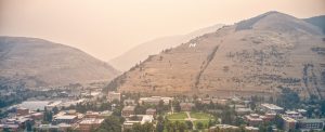 Aerial View of The University of Montana in Missoula on a Hazy Morning